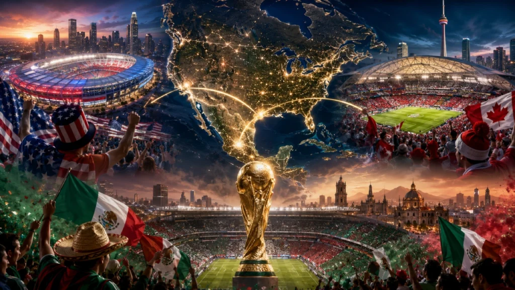 Mapa del Mundial 2026 con los estadios de México, Estados Unidos y Canadá