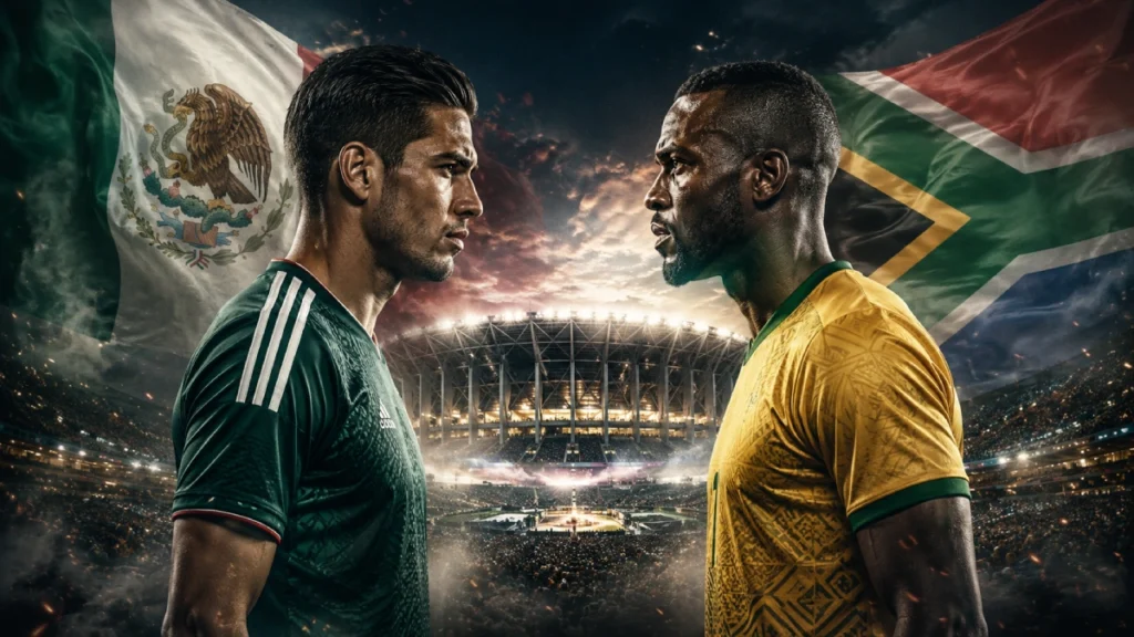 México vs Sudáfrica en el partido inaugural del Mundial 2026 en el Estadio Azteca, con dos futbolistas cara a cara y banderas de fondo