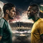 México vs Sudáfrica en el partido inaugural del Mundial 2026 en el Estadio Azteca, con dos futbolistas cara a cara y banderas de fondo