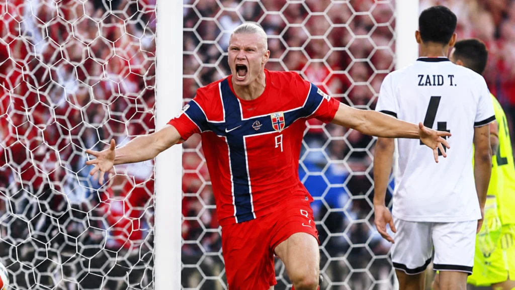 Erling Haaland celebra su doblete con Noruega ante Irak en el Mundial 2026