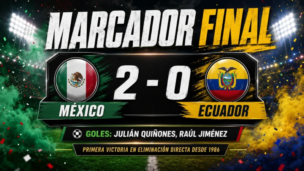 México derrotó 2-0 a Ecuador en el Estadio Azteca y avanzó a octavos del Mundial 2026 con goles de Quiñones y Jiménez.